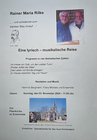 Eine lyrisch-musikalische Reise - Einladung zur Rilke-Rezitation in der Scharmeder Kirche am Sonntag, 3. November um 11.00 Uhr